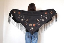 Black piano shawl with embroidered flowers, Vintage Flamenco Shawl, Evening