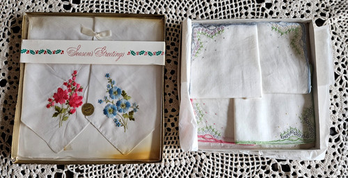6 NOS Vtg Embroidered Handkerchiefs Floral Original Box Switzerland Kennard's DE