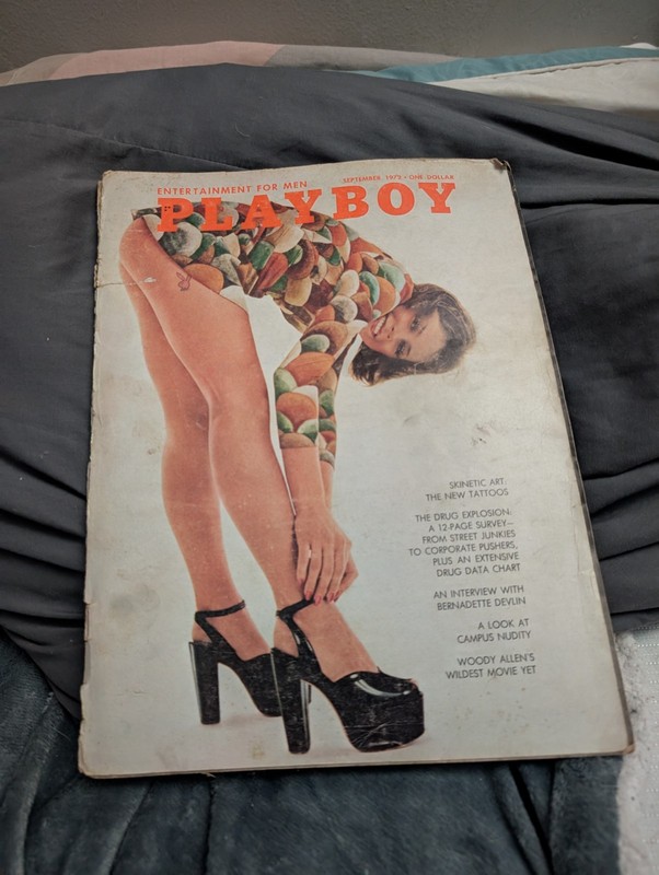 September 1972 issue of Playboy magazine featuring a woman modeling a patterned