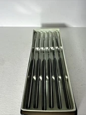 Vtg Set Of 6 Fondue Forks Stainless Steel w/ Tanged Wood Handles Japan .