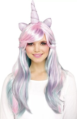 Fun World Pastel Mystical Unicorn w Horn & Ears Wig, Pink Teal Purple, One-Size