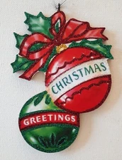 RED & GREEN BAUBLES w HOLLY, CHRISTMAS GREETINGS  * Glitter ORNAMENT * Vtg Img