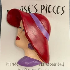 Red Hat Society Pin Brooch Plaster Red Purple Ribbon Lady Handmade Hand Painted
