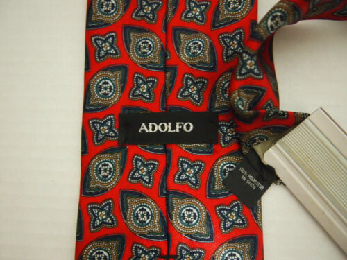 Adolfo Mens Necktie Tie Red Blue Beige Geometric 55" Short - Picture 3 of 4
