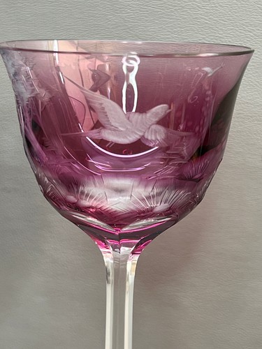 Rare Moser Pattern Hunting Engraved Birds Two Colored Wine Glasses Signed - Picture 4 of 9