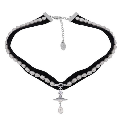 Vivienne Westwood Aleksa Choker in Black silver velvet lilac pearl crystal drop
