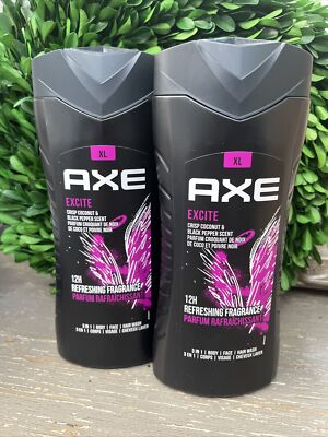 (2 Pack) AXE 3 in 1 Wash Men EXCITE Crisp Coconut & Black Pepper Scent 13.5 Oz
