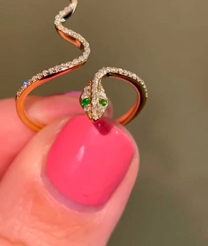 0.30Ct Round Cut Real Moissanite Snake Party Ware Ring 14K Yellow Gold Plated