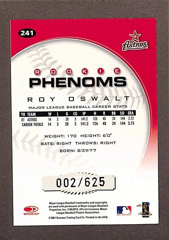 2001 Donruss Class of 2001 #241 Roy Oswalt RC Auto /625 - Image 2 of 3