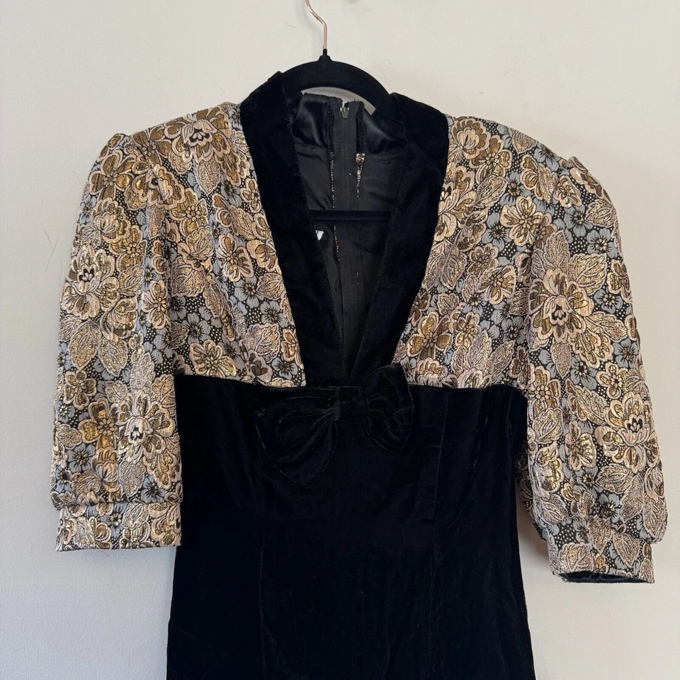 Vestido de Fiesta Jacquard Dorado Terciopelo Negro Años 80 JESSICA MCCLINTOCK Fiesta Bling Foto 2 de 4