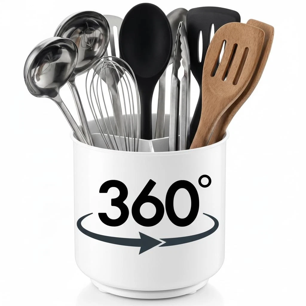 Jumbo XL Rotating White Plastic Utensil Holder Caddy with Sturdy No-Tip Weigh...