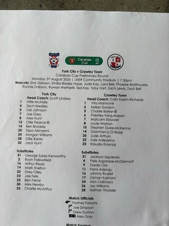 York City v Crawley Town team sheet 03/08/2026 Carabao Cup Preliminary Round