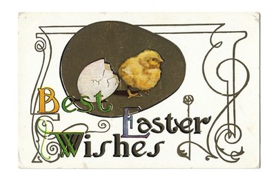 1900s Easter Postcard Chick Hatching Best Wishes Art Deco Scroll Design
