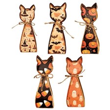 5Pcs Halloween Wooden Cat Figurines Rustic Style Halloween Cats Tabletop Decor