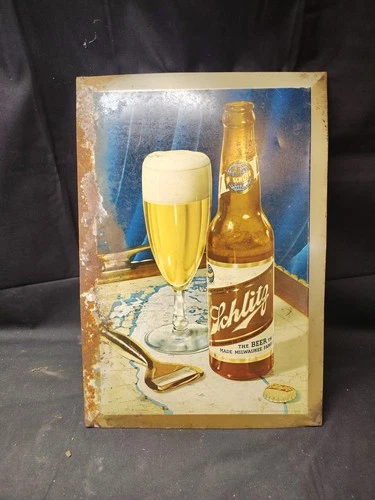 Vintage Schlitz Sign Tin Or Cardboard 1947 Easel Back Or Hanging Litho