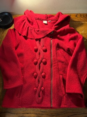 Anthropologie Yellow Bird Felted Wool Red Full Zip Hooded Sweater Jacket, M