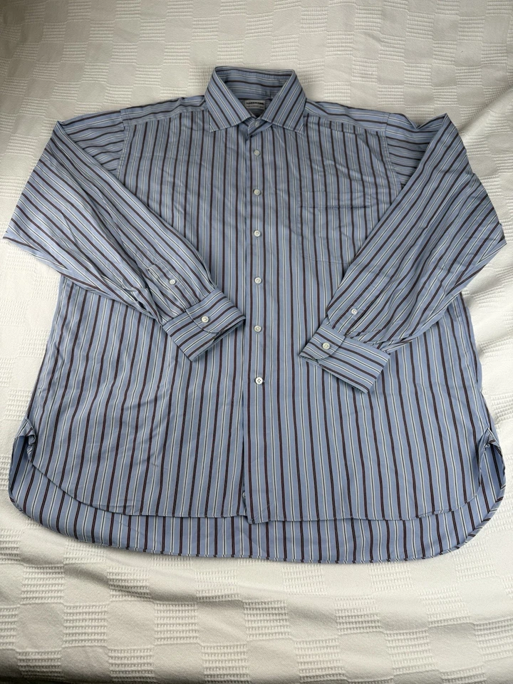Camisa de vestir Lorenzoni Italia para hombre cuello lengüeta rayas azules 100 % algodón talla 17,5 44 Foto 2 de 4