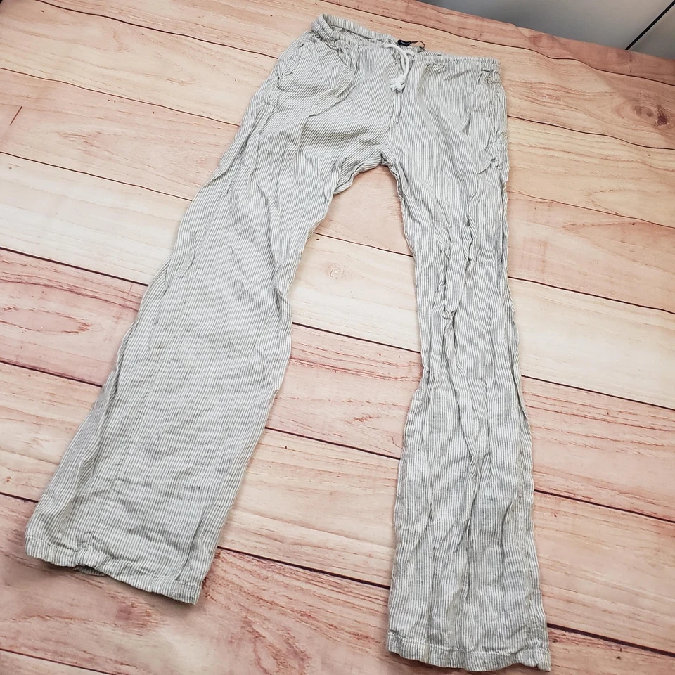 Pantalones informales Brandy Melville de lino para mujer talla única grises blancos a rayas con cordón Foto 2 de 4