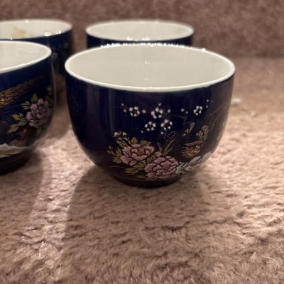 VTG Cobalt blue Sake cup Hot tea Pheasants Floral Gold Trim Set of 4