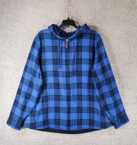 LL Bean Flannel Zip Up Hooded Jacket Relaxed Fit Womens 3X Blue Plaid Plus