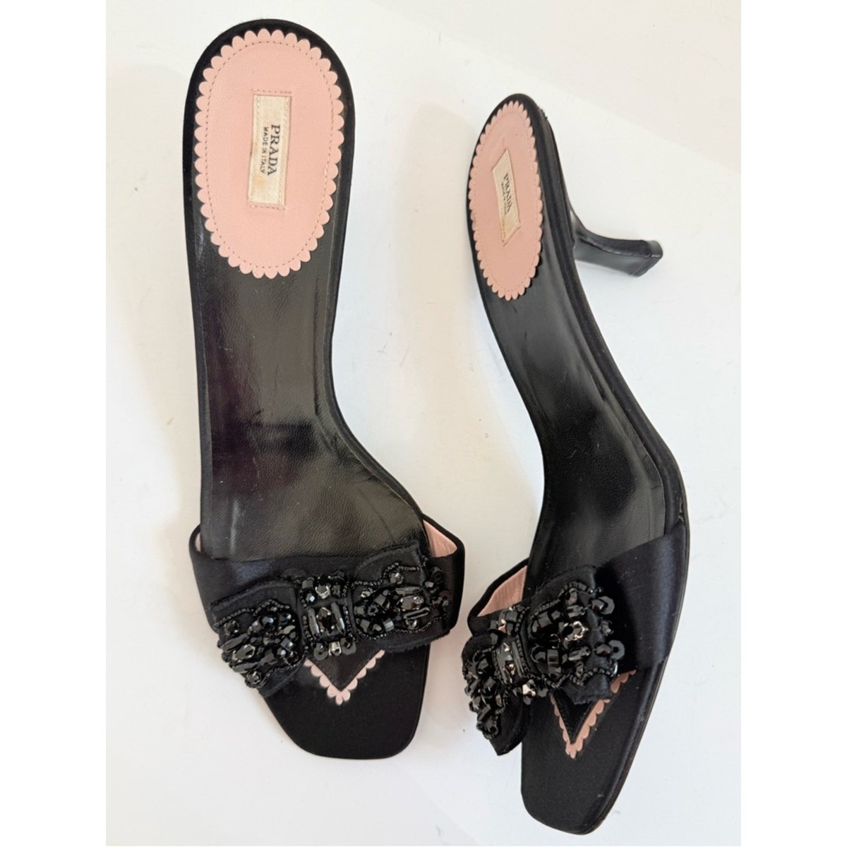 Prada Y2K Archive Satin Black Beaded Bow Kitten Heel mule EU 39.5