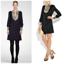 Tory Burch Black Embellished Shift Dress Size 8 Long Sleeve Beaded Neckline