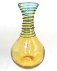Vintage Blenko Handmade 9" Glass Vase Yellowed Amber with Blue Coils