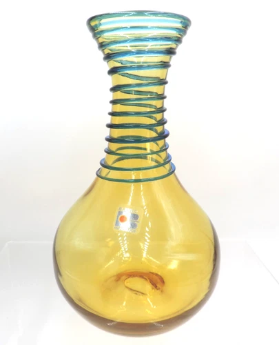 Vintage Blenko Handmade 9" Glass Vase Yellowed Amber with Blue Coils