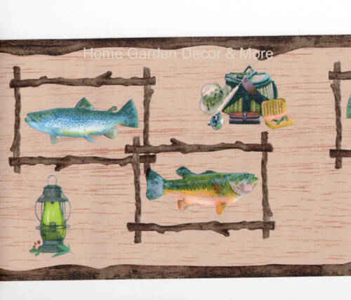 Fishing Salmon Trout Fish Cabin Wood Branch Frame Rustic Brown Wall paper Border - Picture 1 of 3