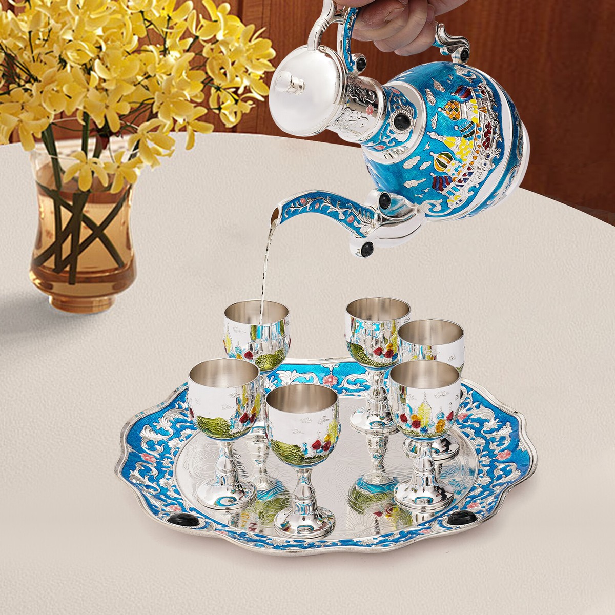 【Birmingham Handycrafts Co.】透かしのティーセット Blue Vintage Tea Crafts Teapot Cup Set Tea Crafts Teapot with 6