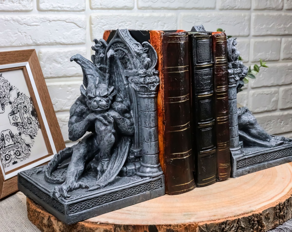 Medieval Age Gothic Sculptural The Thinker Gargoyle Bookends