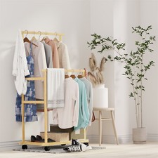 Heavy Duty Double Clothes Rail Wooden Garment Stand Hanging Rack w/Rolling Wheel