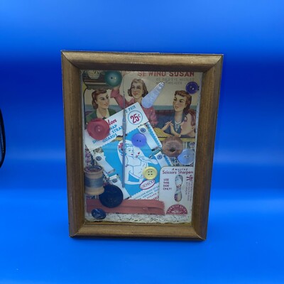 vintage sewing items in a shadow box frame 