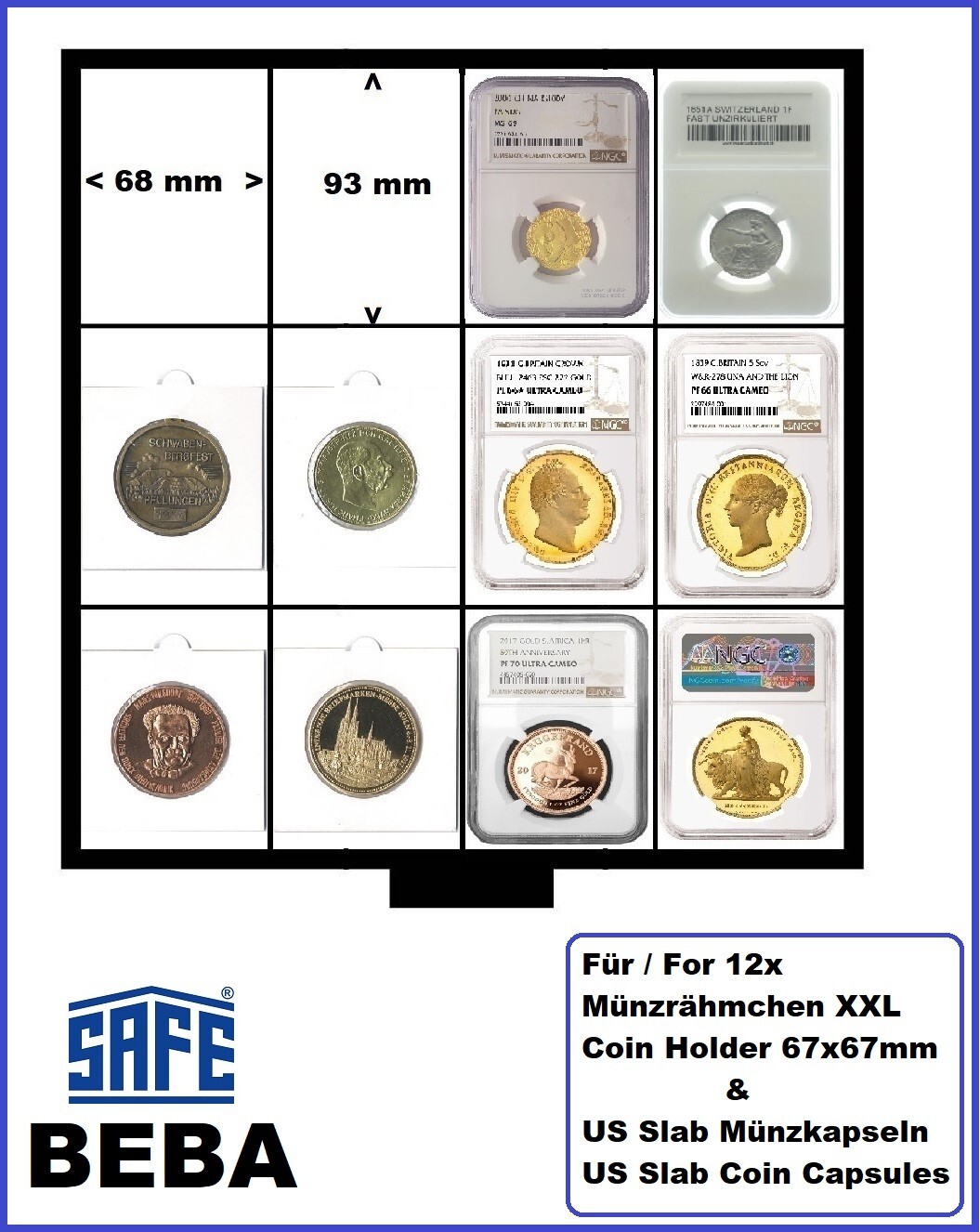 SCHUBLADEN Slab Münzkapseln SCHUBER 12 rechteckige Fächer 68x93mm SAFE Beba 6199