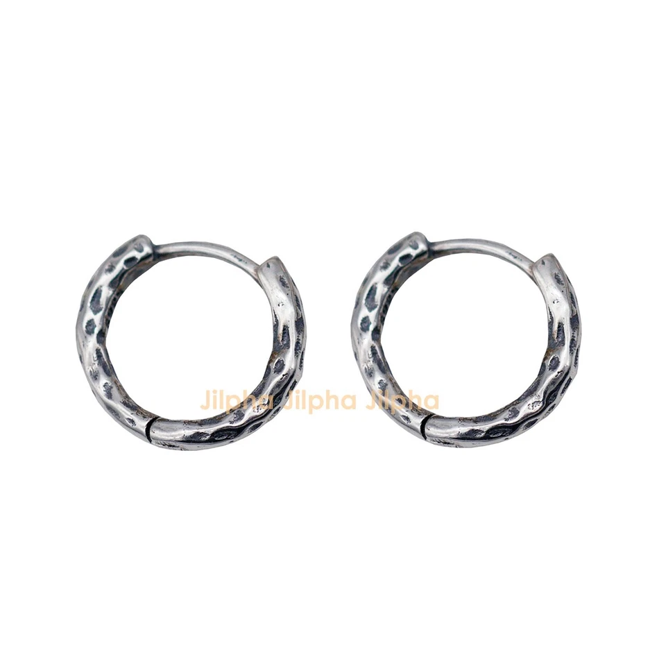 Pendientes de aro martillados retro vintage de plata de ley para hombre y mujer A1629 Foto 4 de 4