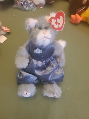 TY Attic Treasure - WHISKERS the Gray Cat Blue Silky Outfit With Flower On Chest