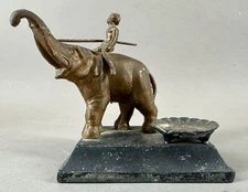 Ashtray Elephant India Africa Metal Figurine 1930s Lucky Trunk Raised Up Vintage