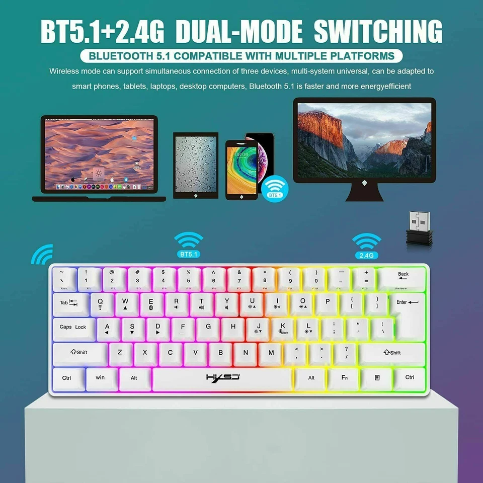 60% 2.4G Wireless/BT5.1 Dual Mode Keyboard Portable RGB Backlit Keyboard For PC - image 3 of 4