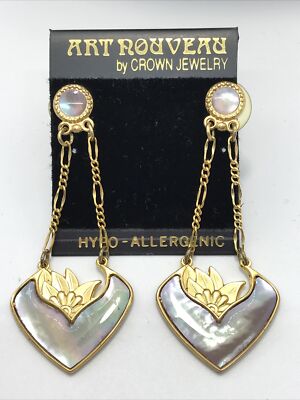 Vintage  ART NOUVEAU  by Crown Jewelry Gold- Pink Enamel Dangle Pierced Earrings