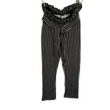 PrettyLittleThing Striped Paper Bag Waist Pants Ruffle Black White Size 2