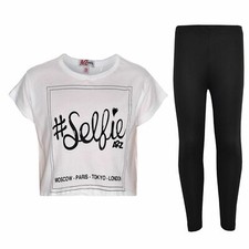 Kids Girls Selfie Print Stylish White Crop Top Fashion Legging Sets 5-13 Year