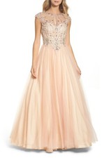 MAC DUGGAL 40750H Peach Blush Pink Cutout Beaded Bodice Tulle Mesh Ball-Gown 14