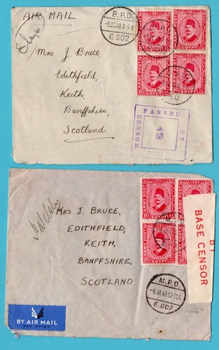EGYPT 2 censored covers 1939 - 40 BPO, MPO to Scotland