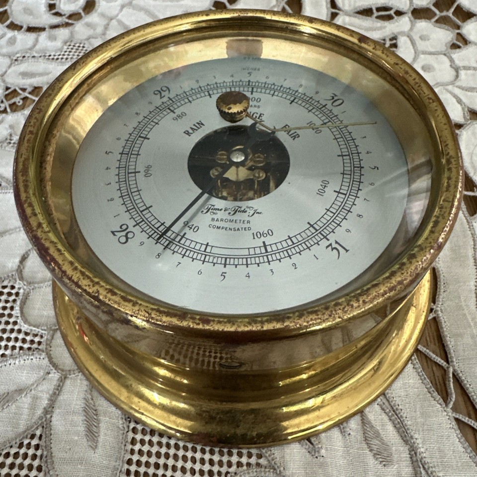 A 1930s German brass Time & Tide nautical barometer — 90+ years old, still functional, and dripping with Art Deco maritime character.