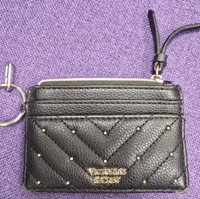 Victoria's Secret Black Quilted Card Holder Wallet With Key Ring