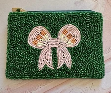 NEW! Beaded Emerald Green And Pink Bow 🎀  Coin Purse, Seed Bead Coin Pouch