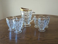 Vintage  Jeanette Thumbprint Gold Trim Juice Set With Pitcher And 6 Glasses