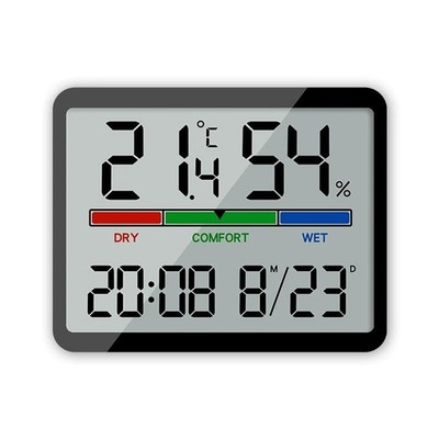 Digital Thermometer Hygrometer Clock Temp Humidity Comfort Indicator 3Mounts Bla