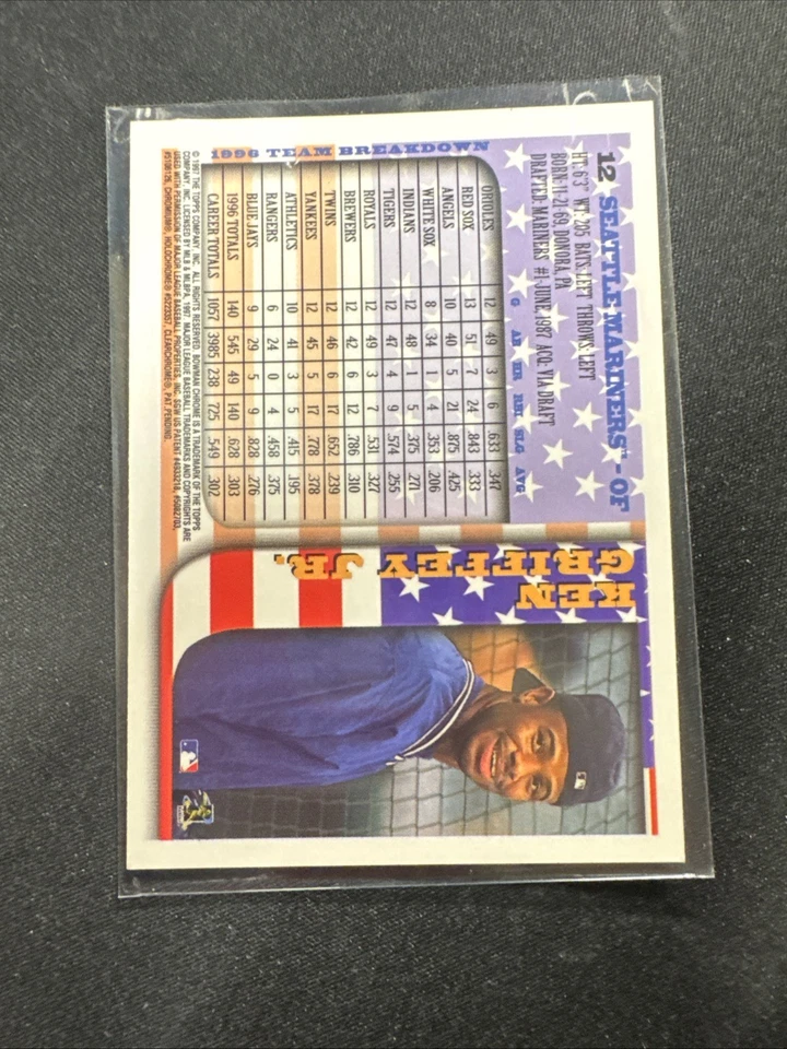 Bowman Chrome International #12 1997 Ken Griffey Jr Salón de la fama raro bandera de Estados Unidos paralelo Foto 2 de 2