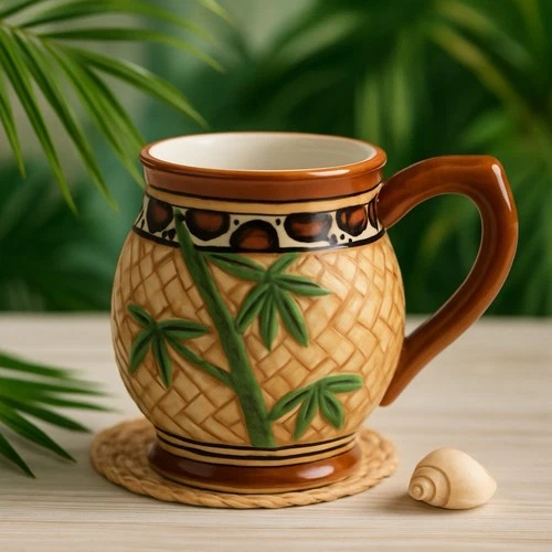 Vintage CBK Bamboo Mug 2000 – Handpainted Ceramic Tiki Style Jungle Print